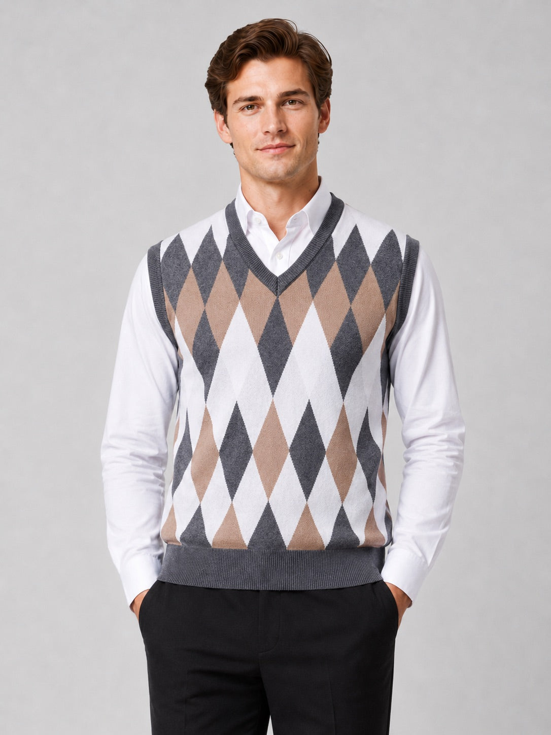 Men’s Argyle Sleeveless Jumper V-Neck Slim Fit Lightweight Knit Autumn Winter Layer for Business Casual and Everyday Wear
