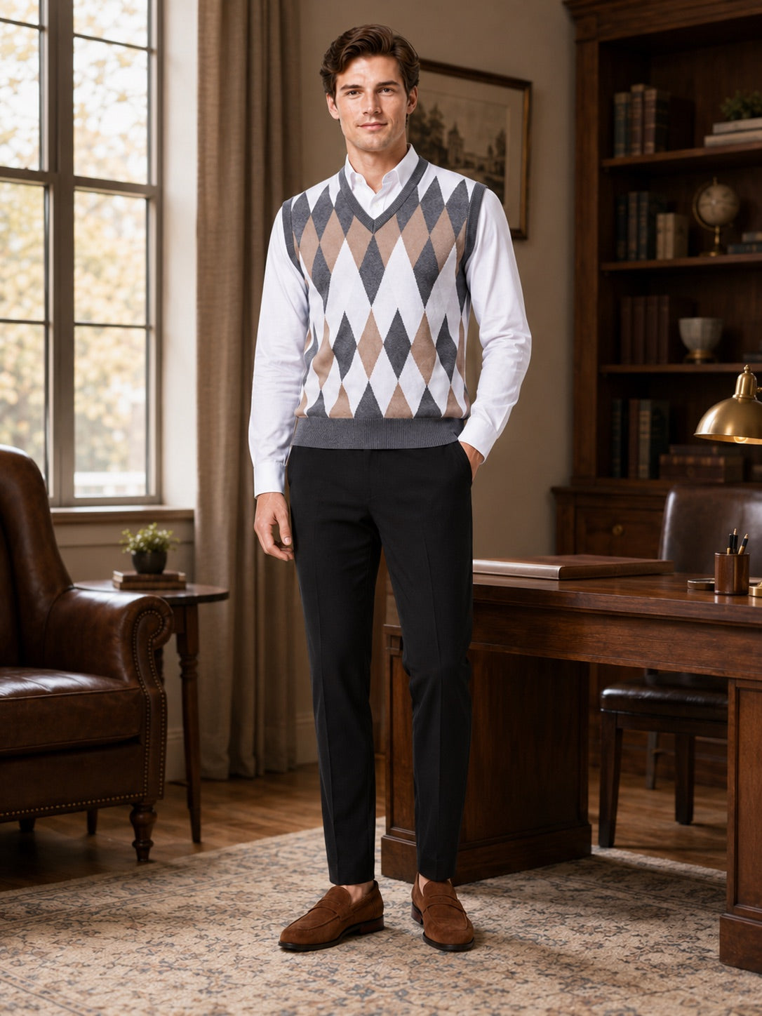 Men’s Argyle Sleeveless Jumper V-Neck Slim Fit Lightweight Knit Autumn Winter Layer for Business Casual and Everyday Wear