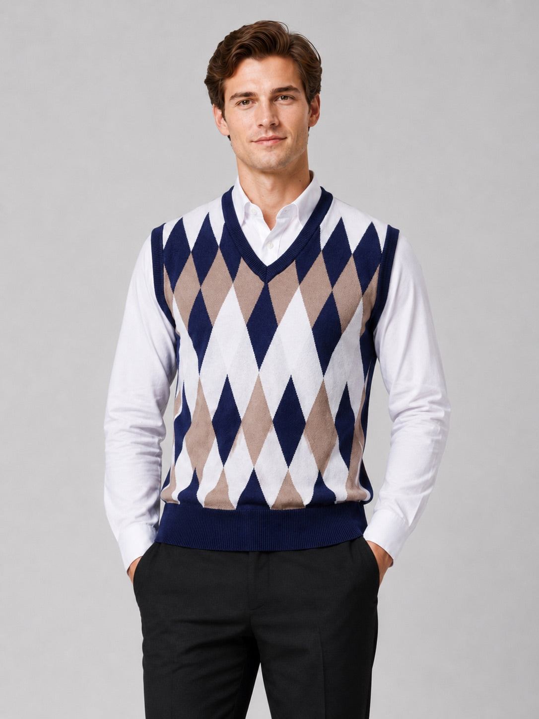 Men’s Argyle Sleeveless Jumper V-Neck Slim Fit Lightweight Knit Autumn Winter Layer for Business Casual and Everyday Wear