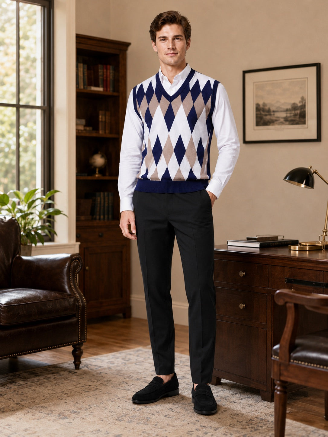 Men’s Argyle Sleeveless Jumper V-Neck Slim Fit Lightweight Knit Autumn Winter Layer for Business Casual and Everyday Wear