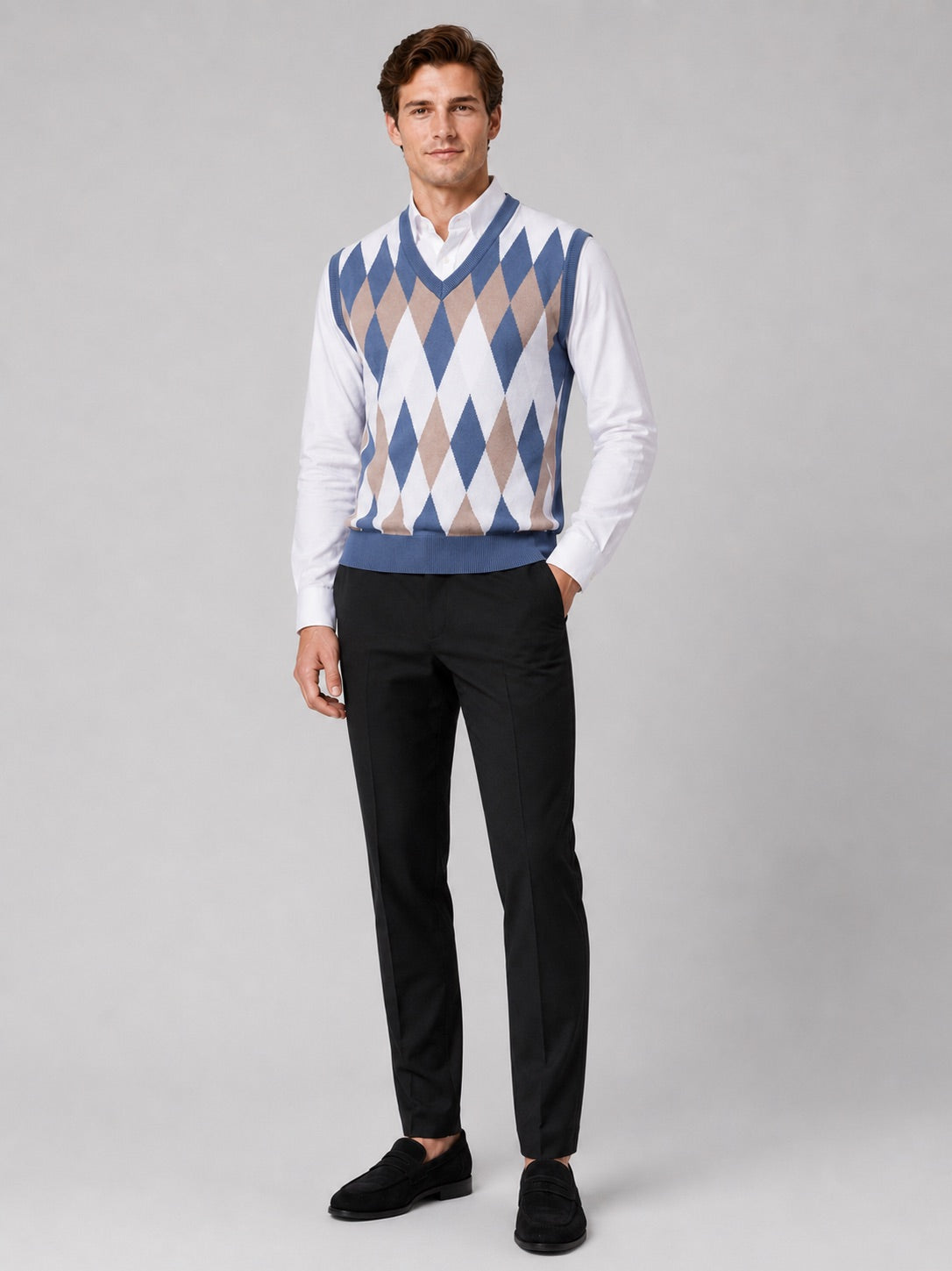 Men’s Argyle Sleeveless Jumper V-Neck Slim Fit Lightweight Knit Autumn Winter Layer for Business Casual and Everyday Wear