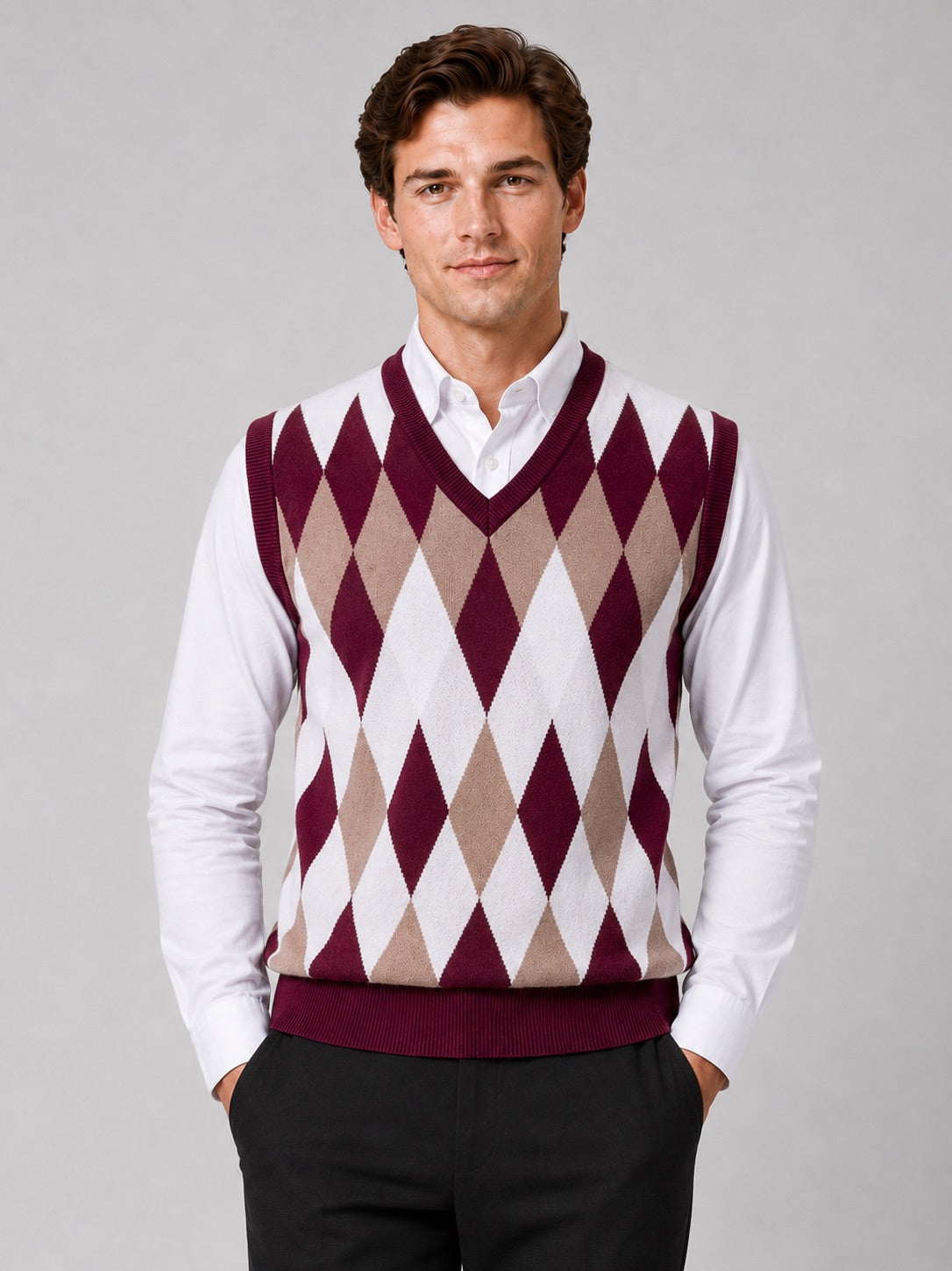 Men’s Argyle Sleeveless Jumper V-Neck Slim Fit Lightweight Knit Autumn Winter Layer for Business Casual and Everyday Wear
