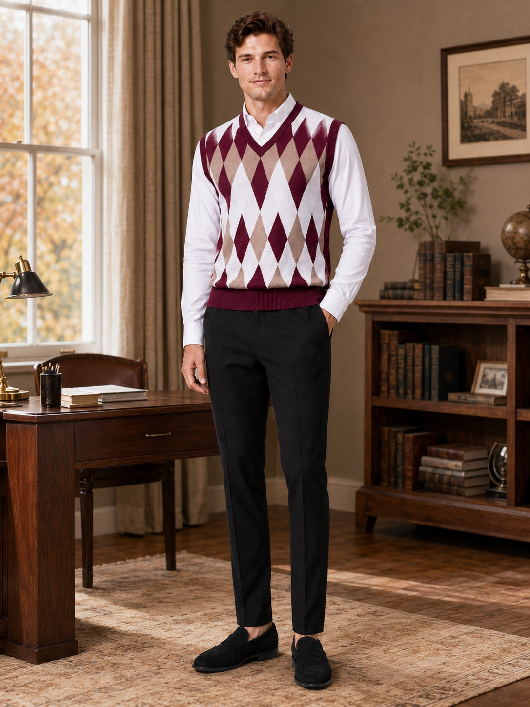Men’s Argyle Sleeveless Jumper V-Neck Slim Fit Lightweight Knit Autumn Winter Layer for Business Casual and Everyday Wear