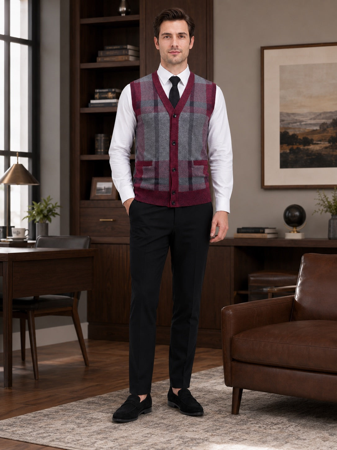 Men’s Fleece Sleeveless Jumper V-Neck Button Front Knit Autumn Winter Layer for Business Casual and Everyday Wear