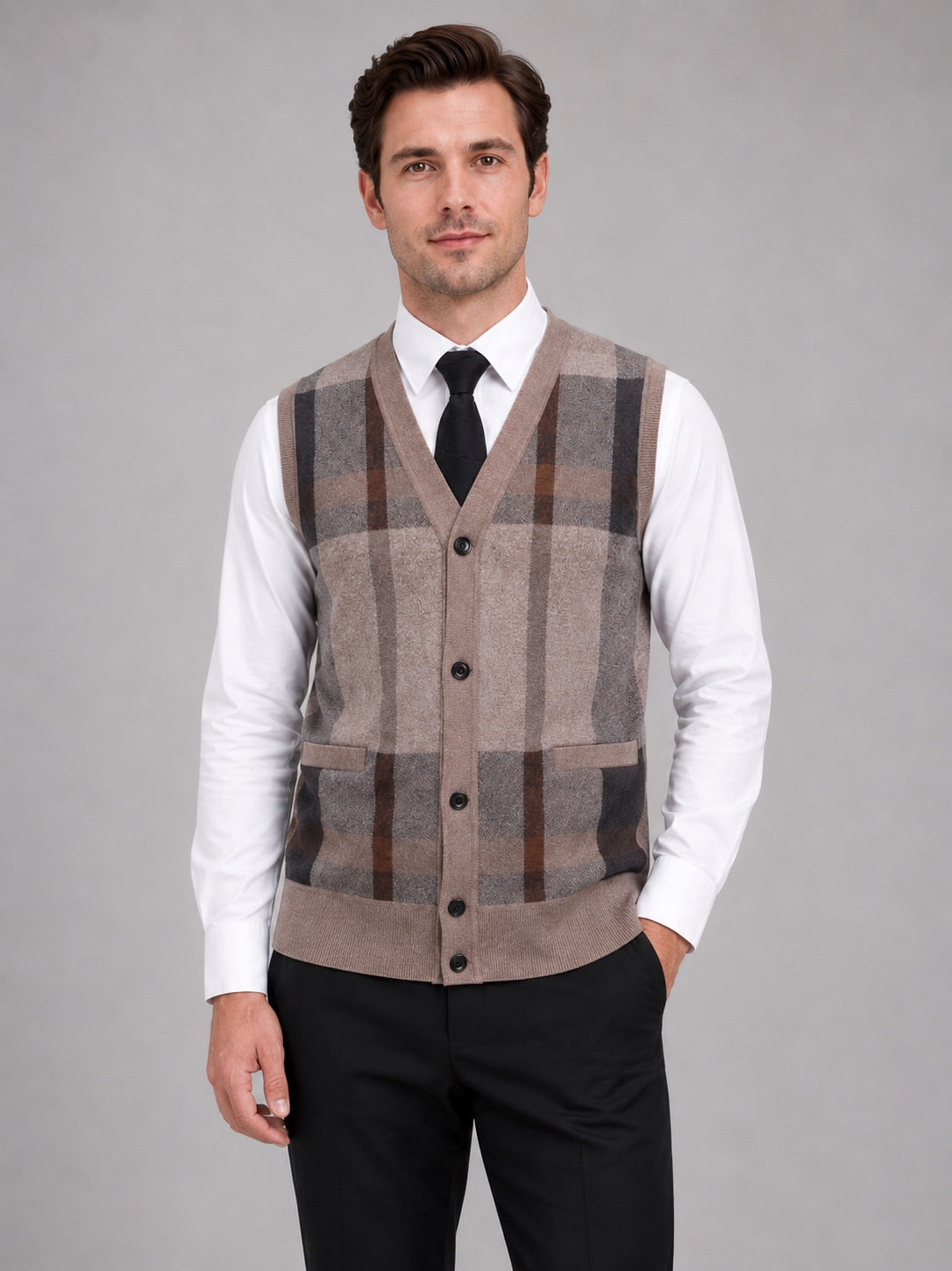 Men’s Fleece Sleeveless Jumper V-Neck Button Front Knit Autumn Winter Layer for Business Casual and Everyday Wear