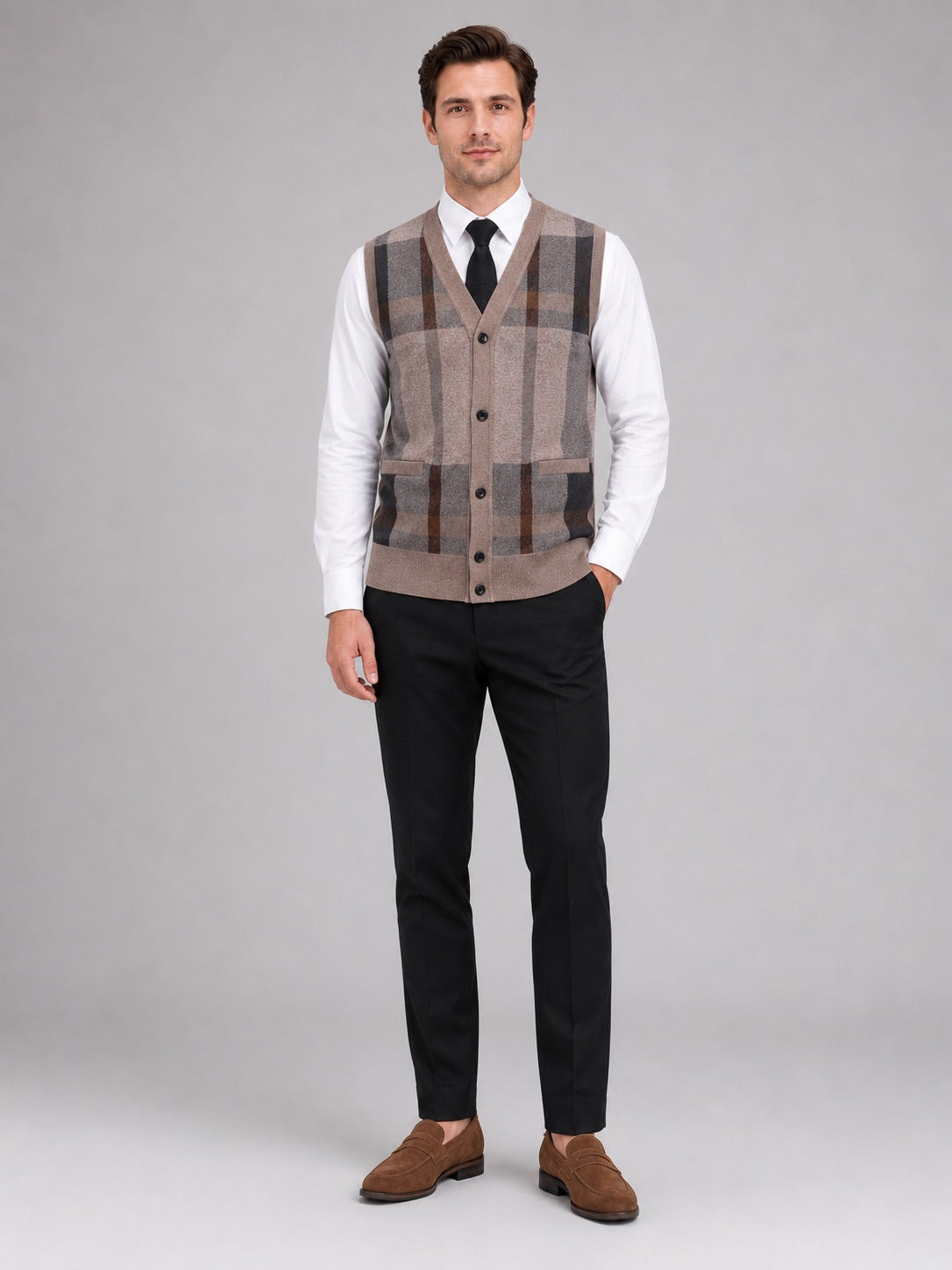 Men’s Fleece Sleeveless Jumper V-Neck Button Front Knit Autumn Winter Layer for Business Casual and Everyday Wear