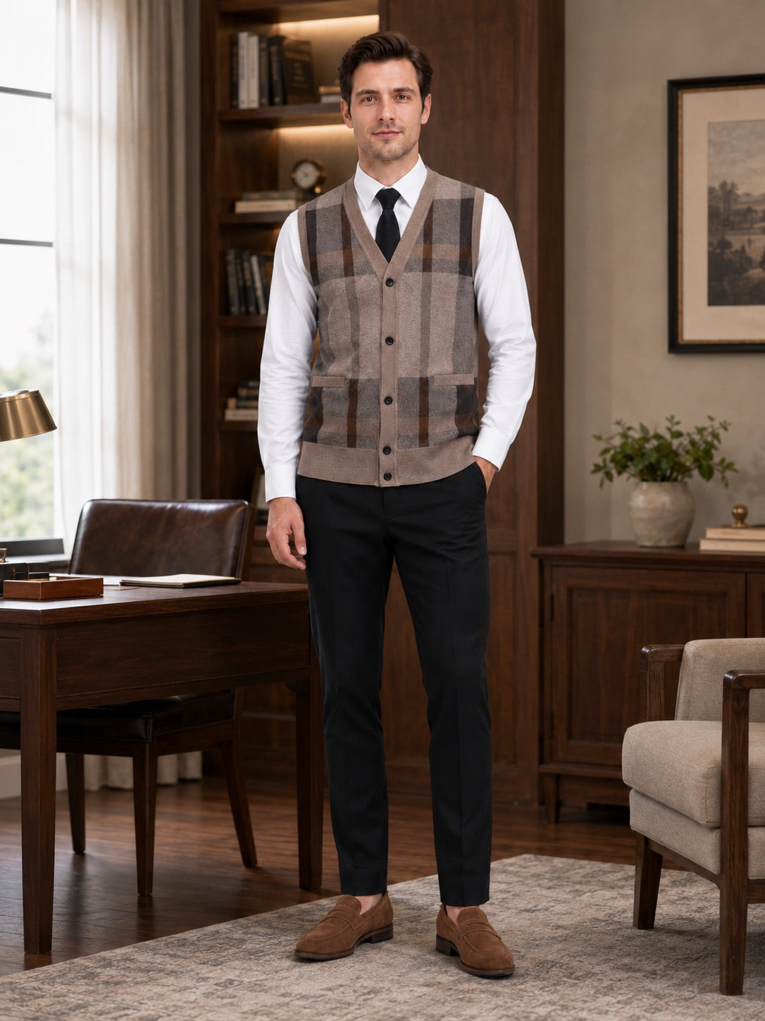 Men’s Fleece Sleeveless Jumper V-Neck Button Front Knit Autumn Winter Layer for Business Casual and Everyday Wear