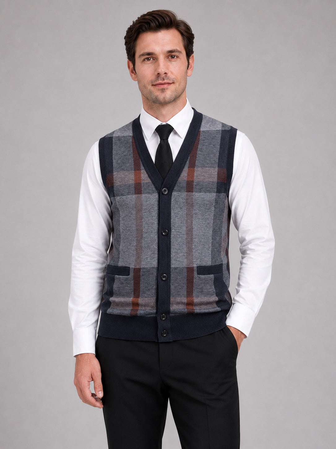 Men’s Fleece Sleeveless Jumper V-Neck Button Front Knit Autumn Winter Layer for Business Casual and Everyday Wear
