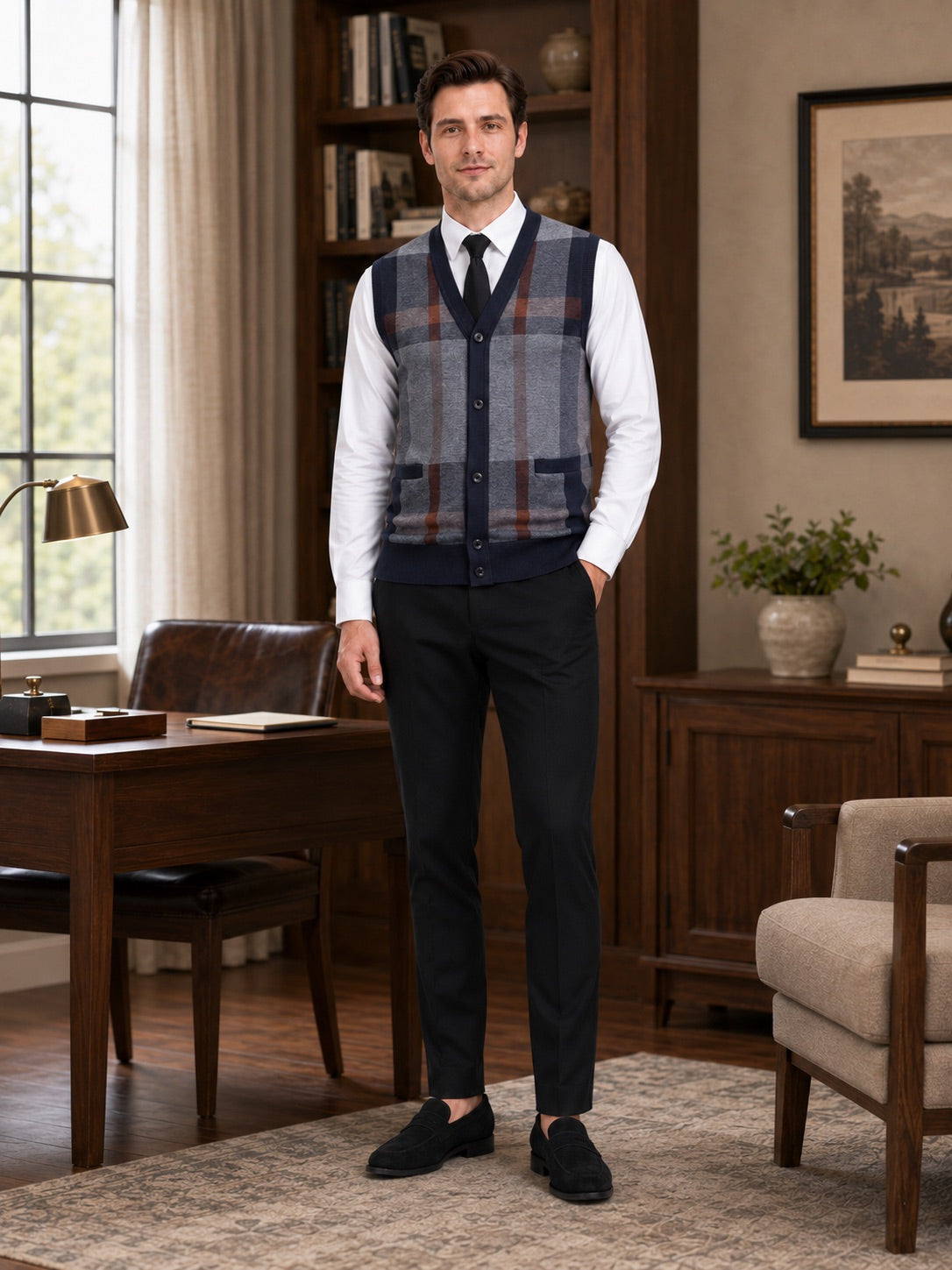 Men’s Fleece Sleeveless Jumper V-Neck Button Front Knit Autumn Winter Layer for Business Casual and Everyday Wear