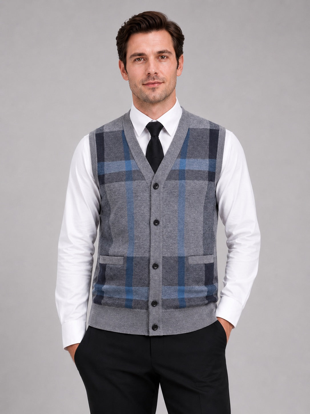 Men’s Fleece Sleeveless Jumper V-Neck Button Front Knit Autumn Winter Layer for Business Casual and Everyday Wear