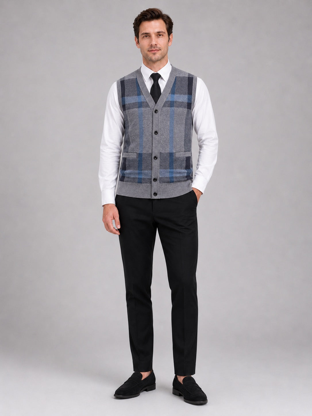 Men’s Fleece Sleeveless Jumper V-Neck Button Front Knit Autumn Winter Layer for Business Casual and Everyday Wear