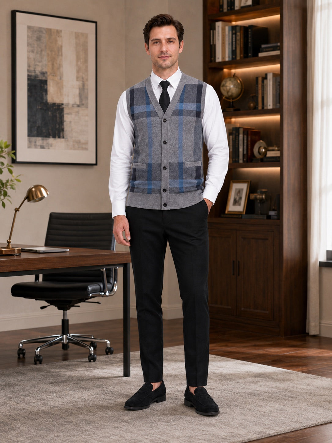 Men’s Fleece Sleeveless Jumper V-Neck Button Front Knit Autumn Winter Layer for Business Casual and Everyday Wear