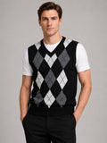 Men’s Argyle Sleeveless Jumper V-Neck Slim Fit Knit Autumn Winter Layer for Business Casual and Everyday Wear
