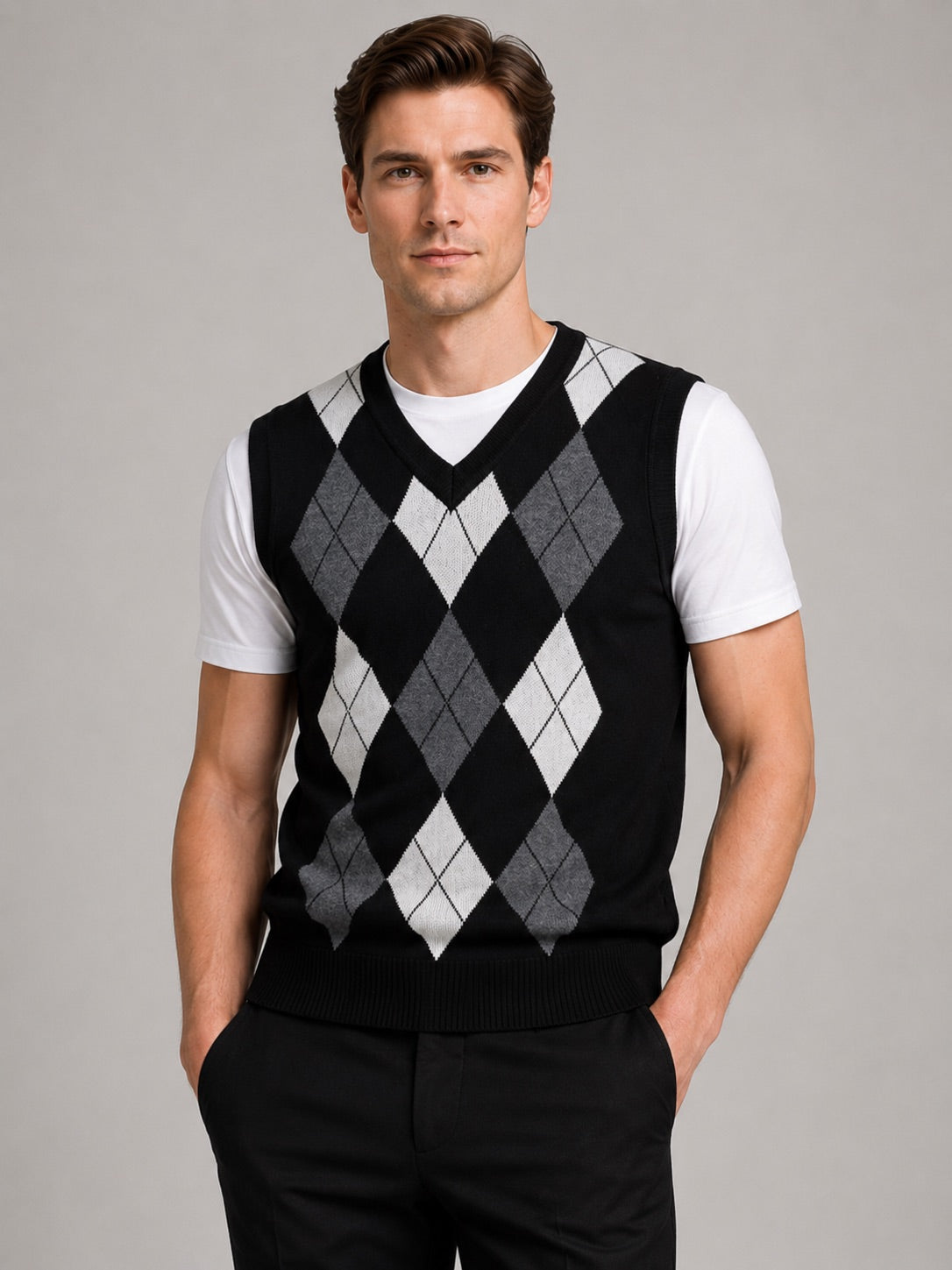 Men’s Argyle Sleeveless Jumper V-Neck Slim Fit Knit Autumn Winter Layer for Business Casual and Everyday Wear