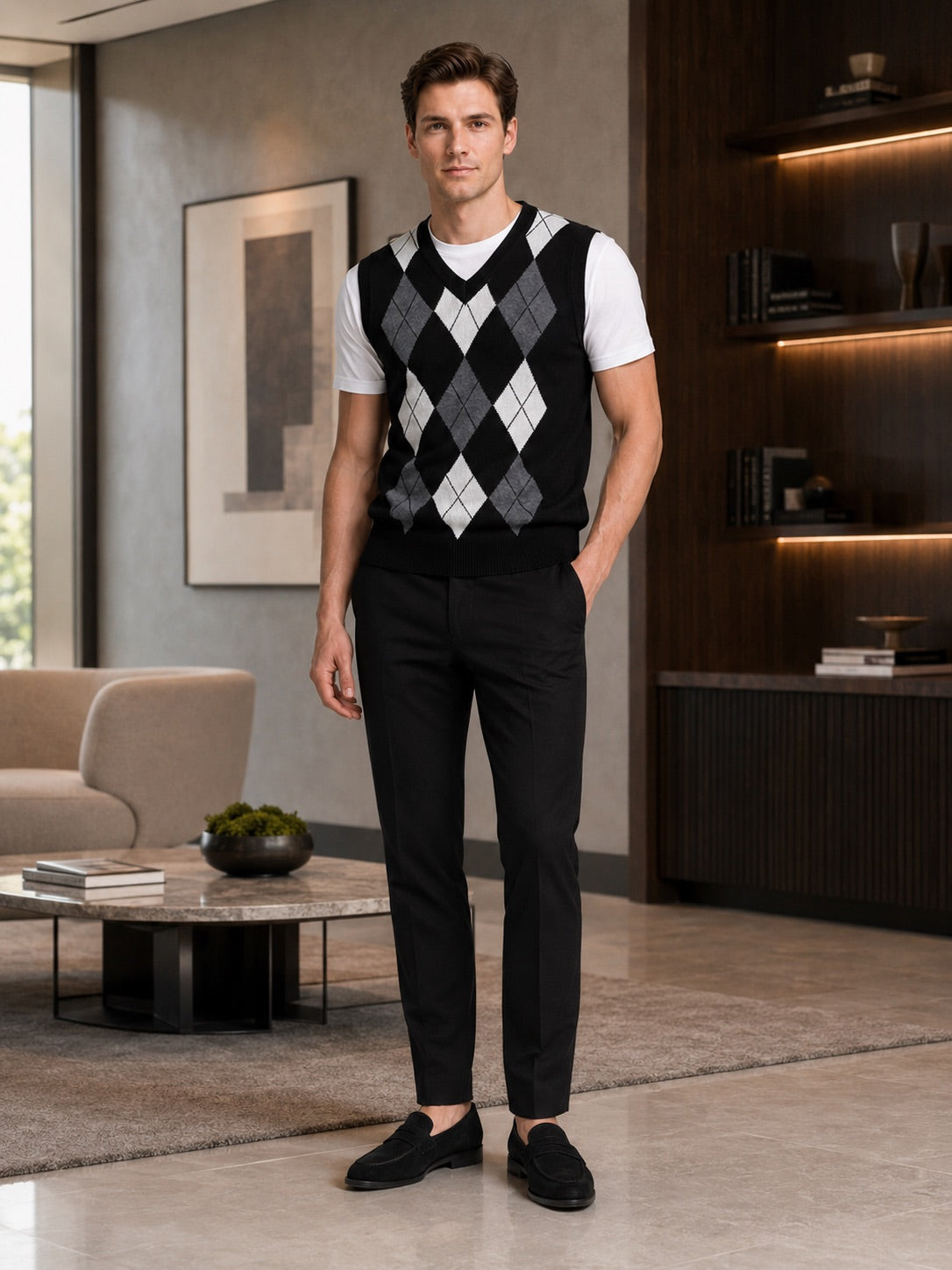 Men’s Argyle Sleeveless Jumper V-Neck Slim Fit Knit Autumn Winter Layer for Business Casual and Everyday Wear