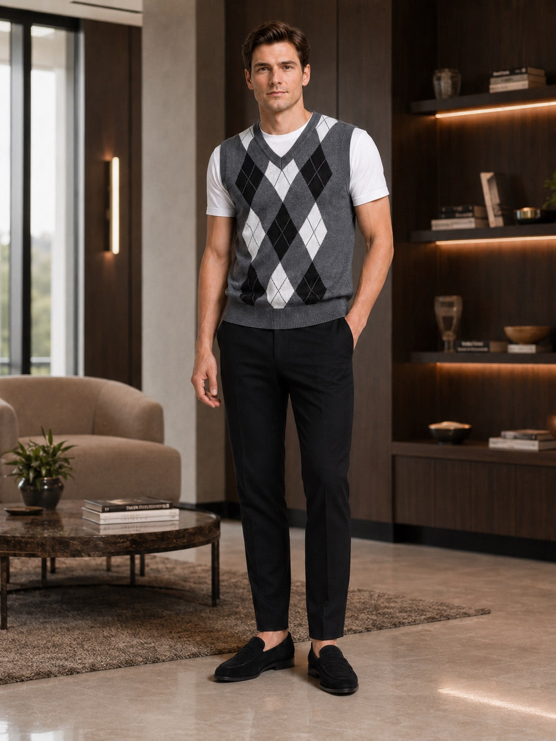 Men’s Argyle Sleeveless Jumper V-Neck Slim Fit Knit Autumn Winter Layer for Business Casual and Everyday Wear