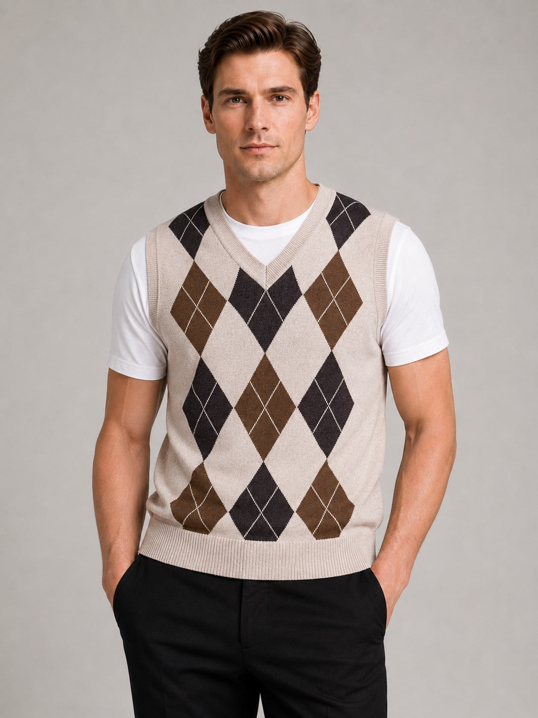 Men’s Argyle Sleeveless Jumper V-Neck Slim Fit Knit Autumn Winter Layer for Business Casual and Everyday Wear