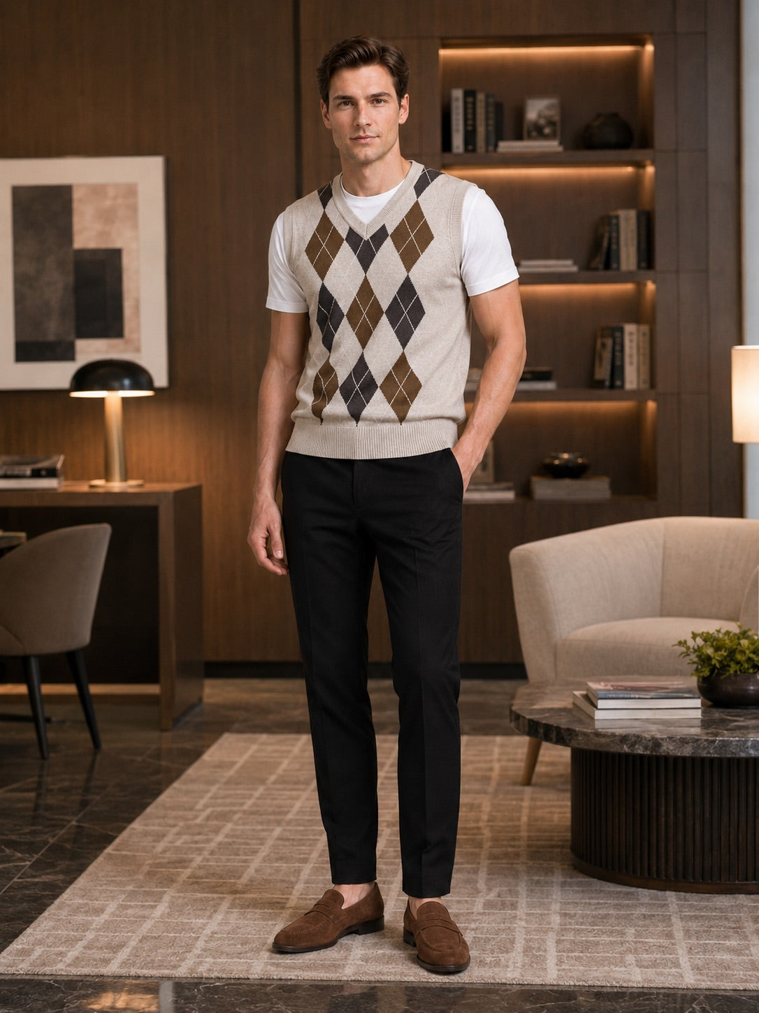 Men’s Argyle Sleeveless Jumper V-Neck Slim Fit Knit Autumn Winter Layer for Business Casual and Everyday Wear