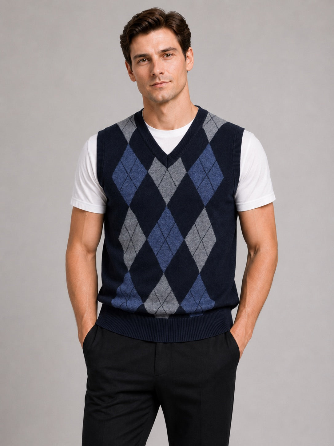 Men’s Argyle Sleeveless Jumper V-Neck Slim Fit Knit Autumn Winter Layer for Business Casual and Everyday Wear