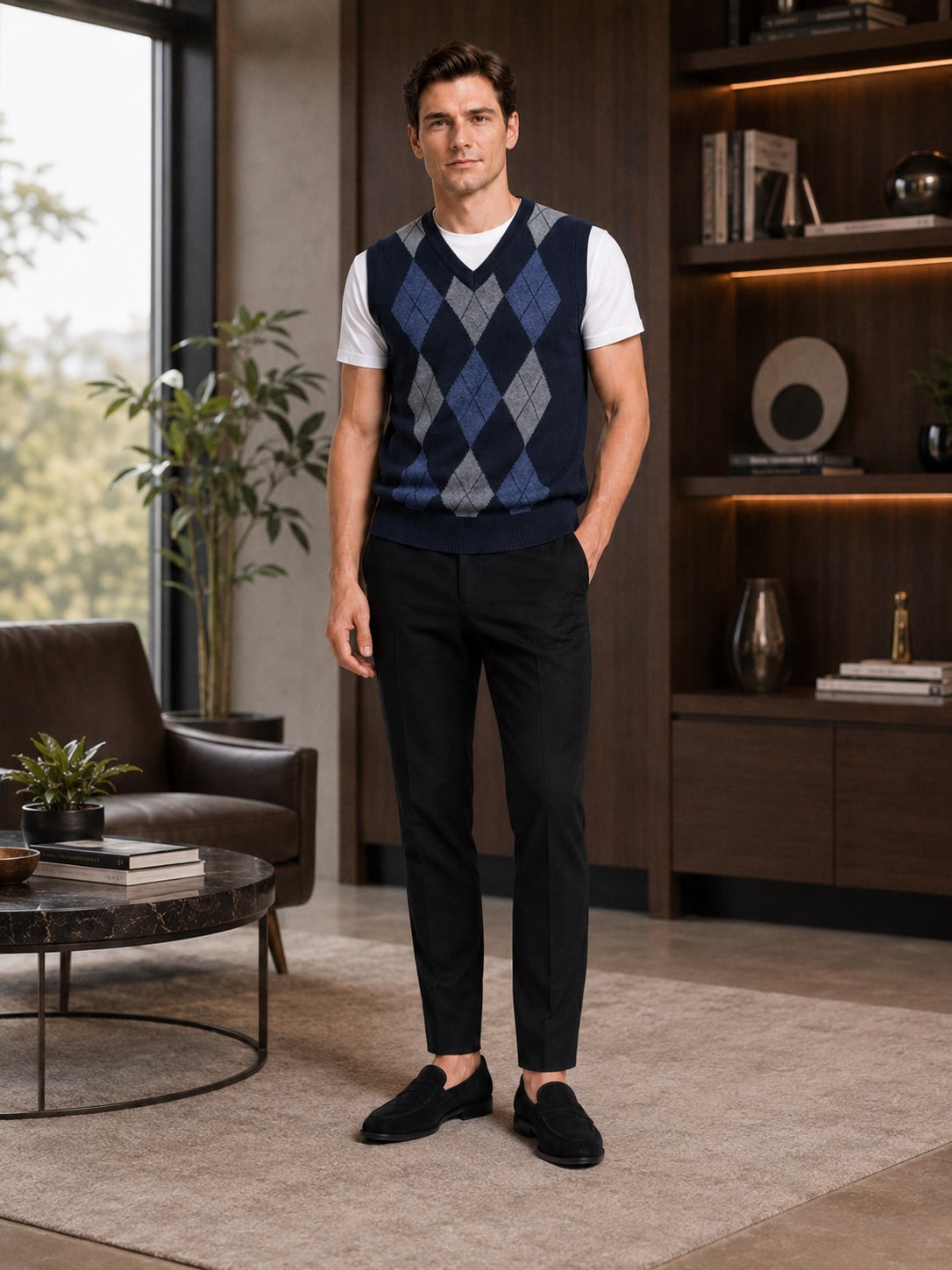 Men’s Argyle Sleeveless Jumper V-Neck Slim Fit Knit Autumn Winter Layer for Business Casual and Everyday Wear
