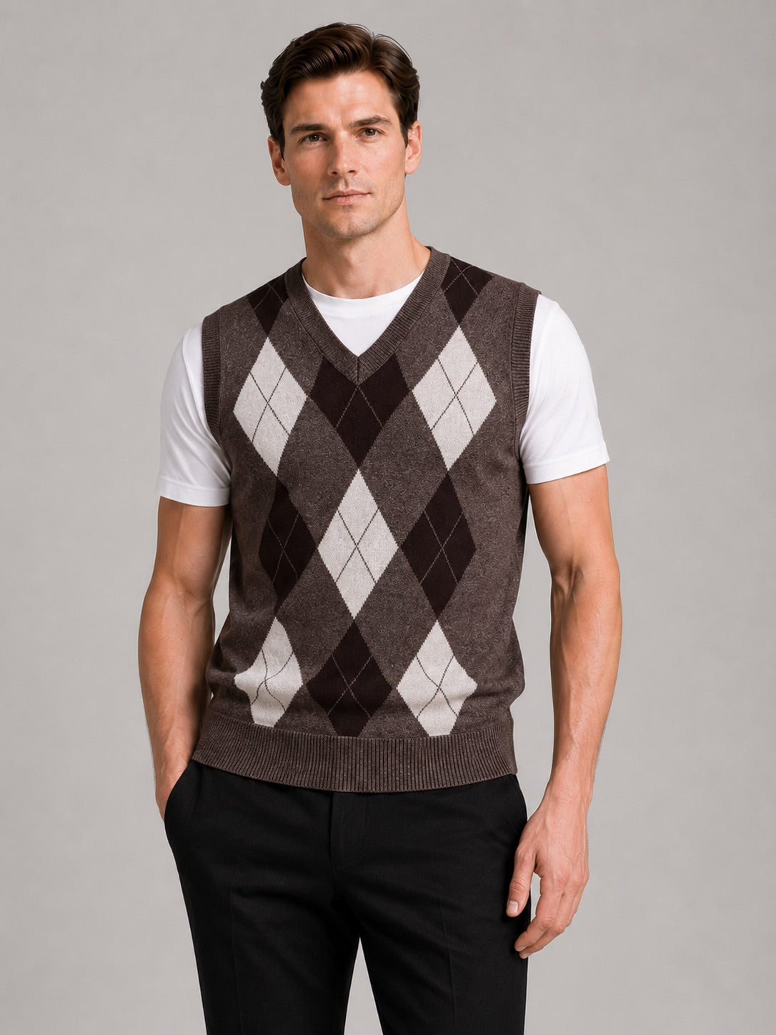 Men’s Argyle Sleeveless Jumper V-Neck Slim Fit Knit Autumn Winter Layer for Business Casual and Everyday Wear
