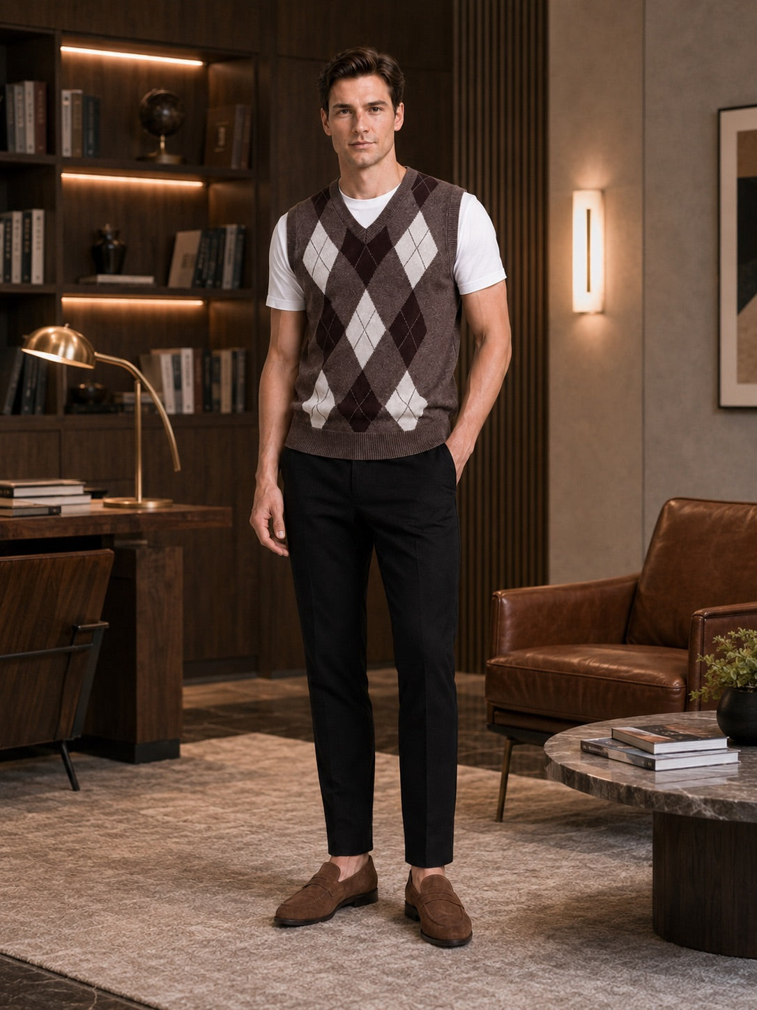Men’s Argyle Sleeveless Jumper V-Neck Slim Fit Knit Autumn Winter Layer for Business Casual and Everyday Wear