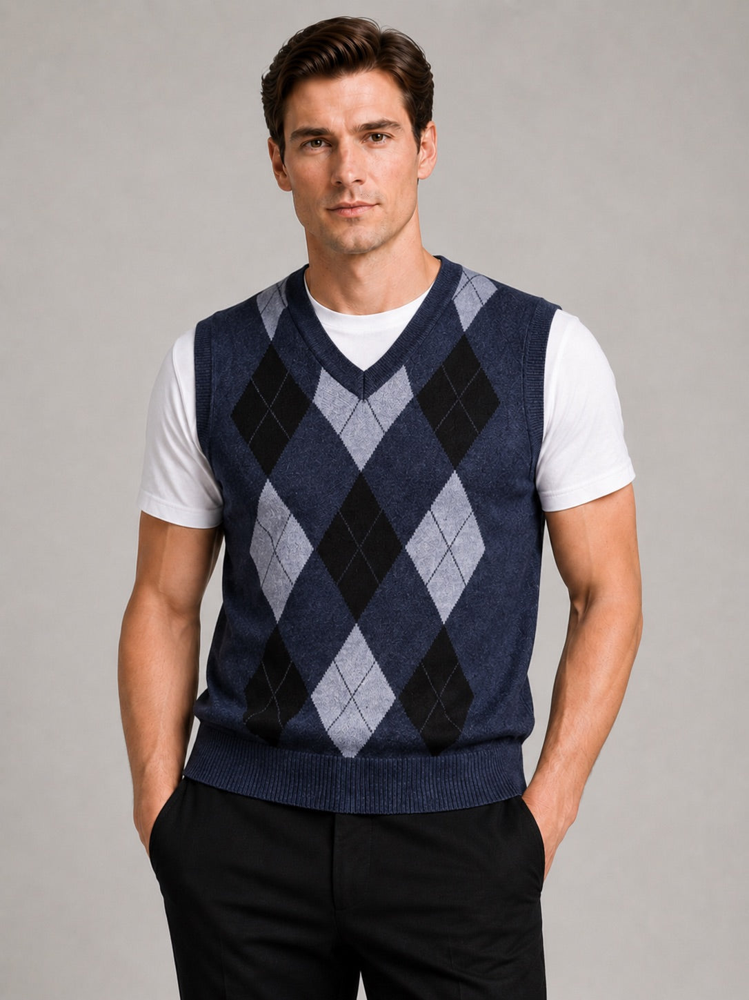 Men’s Argyle Sleeveless Jumper V-Neck Slim Fit Knit Autumn Winter Layer for Business Casual and Everyday Wear