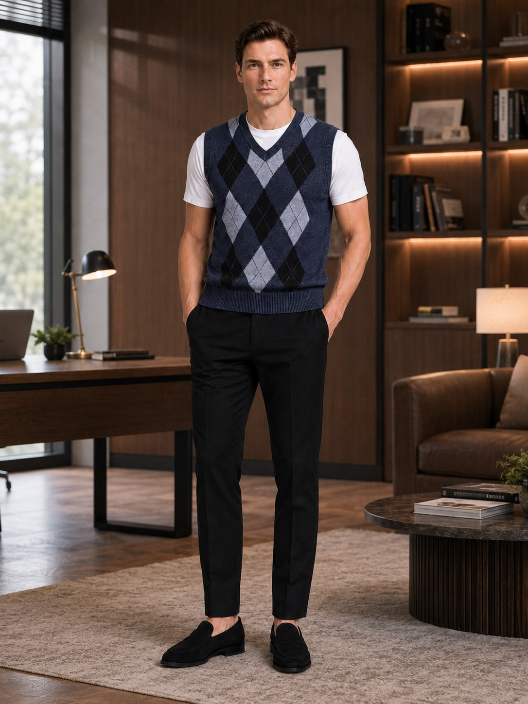 Men’s Argyle Sleeveless Jumper V-Neck Slim Fit Knit Autumn Winter Layer for Business Casual and Everyday Wear