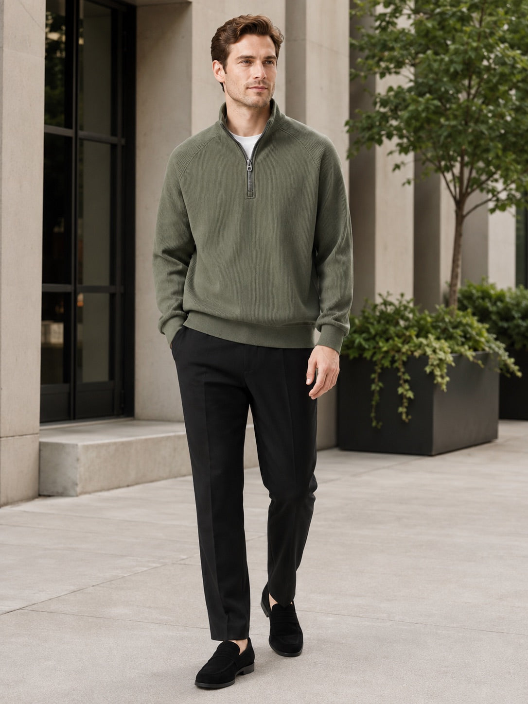 Men’s Quarter Zip Jumper Loose Fit Stand Collar Autumn Pullover for Casual and Everyday Wear