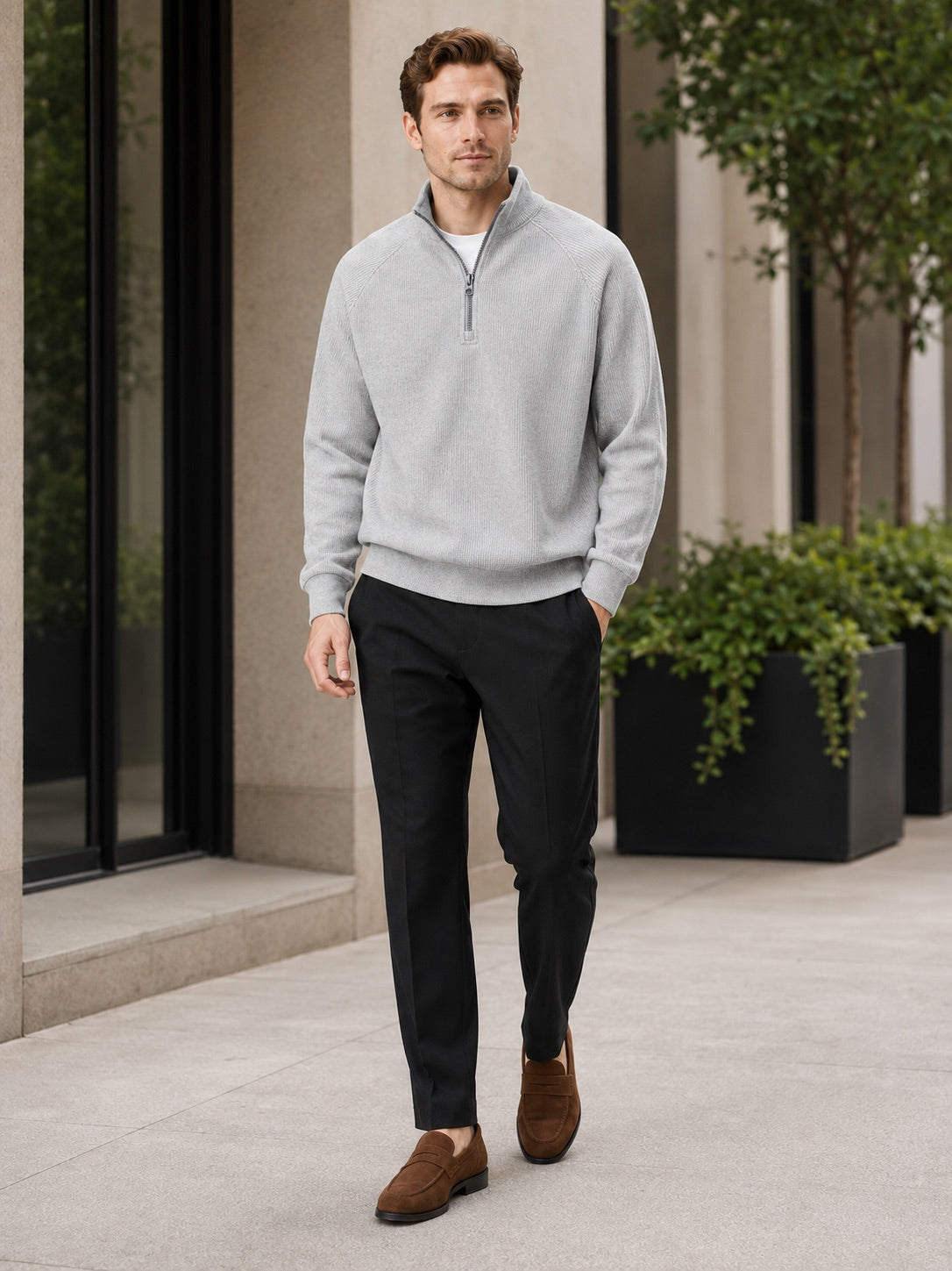 Men’s Quarter Zip Jumper Loose Fit Stand Collar Autumn Pullover for Casual and Everyday Wear