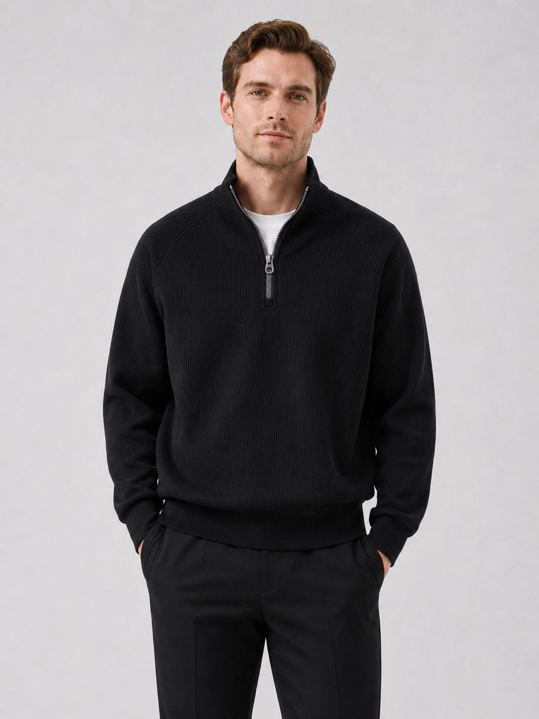 Men’s Quarter Zip Jumper Loose Fit Stand Collar Autumn Pullover for Casual and Everyday Wear
