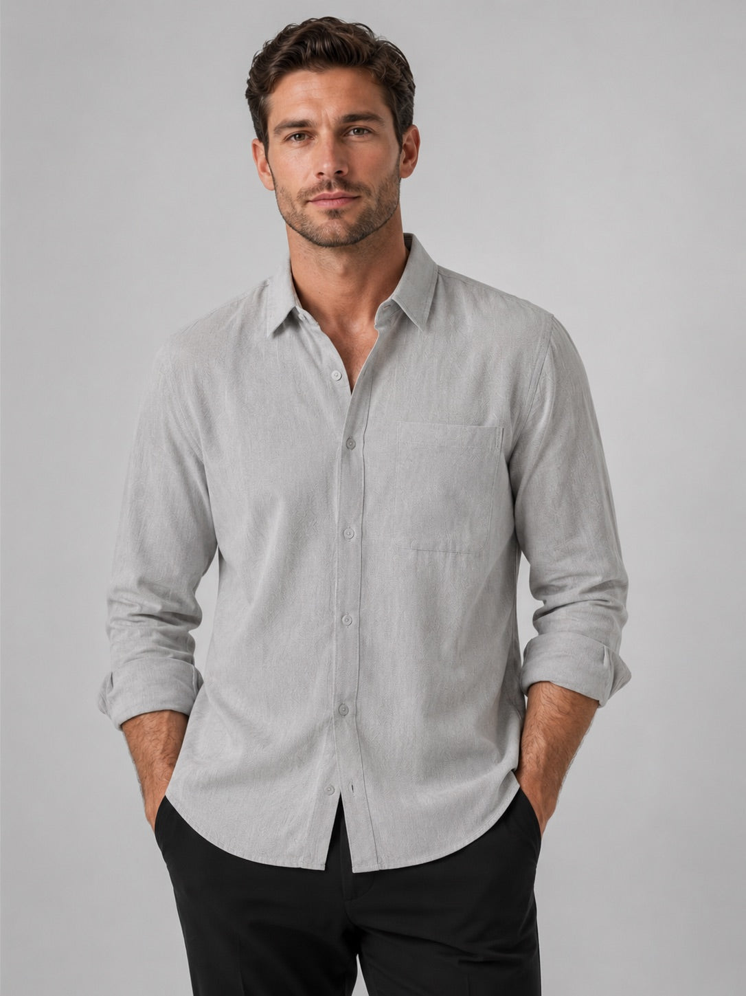 Men’s Button-Down Long Sleeve Shirt Solid Colour Summer Casual Top for Vacation and Everyday Wear