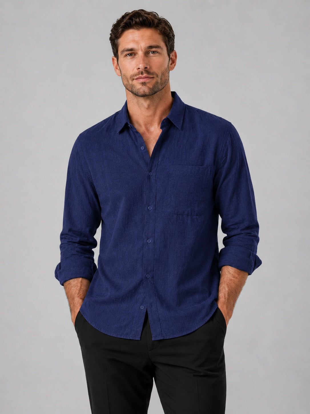 Men’s Button-Down Long Sleeve Shirt Solid Colour Summer Casual Top for Vacation and Everyday Wear