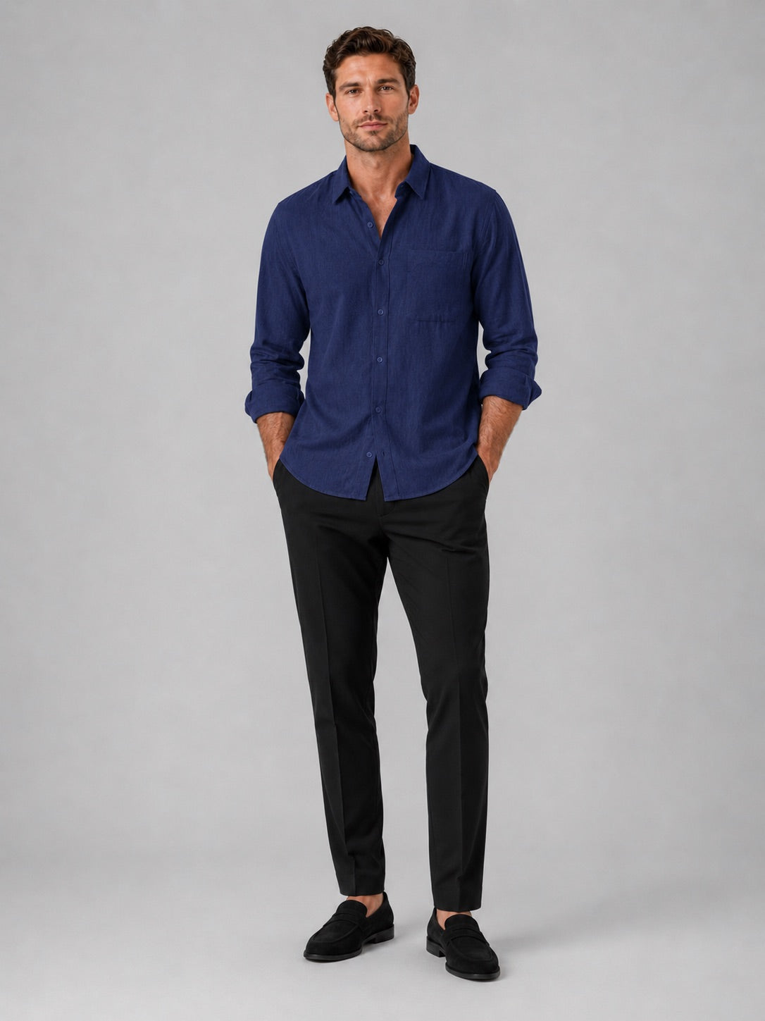Men’s Button-Down Long Sleeve Shirt Solid Colour Summer Casual Top for Vacation and Everyday Wear