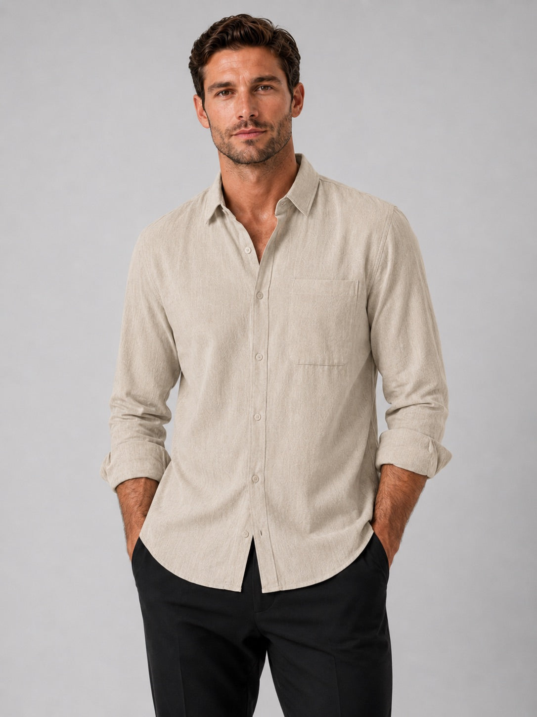 Men’s Button-Down Long Sleeve Shirt Solid Colour Summer Casual Top for Vacation and Everyday Wear