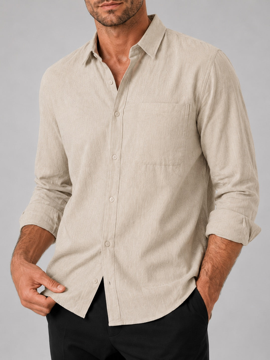 Men’s Button-Down Long Sleeve Shirt Solid Colour Summer Casual Top for Vacation and Everyday Wear