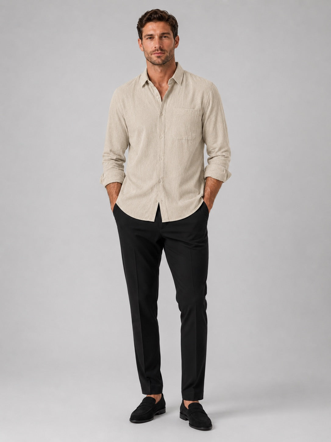 Men’s Button-Down Long Sleeve Shirt Solid Colour Summer Casual Top for Vacation and Everyday Wear