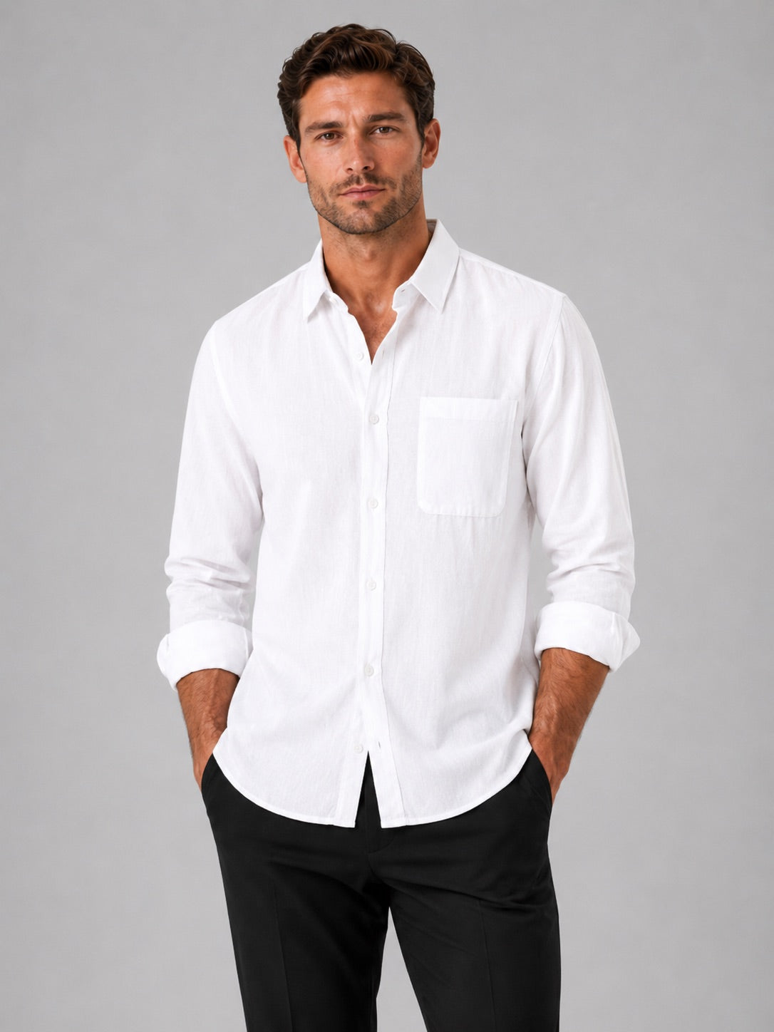 Men’s Button-Down Long Sleeve Shirt Solid Colour Summer Casual Top for Vacation and Everyday Wear
