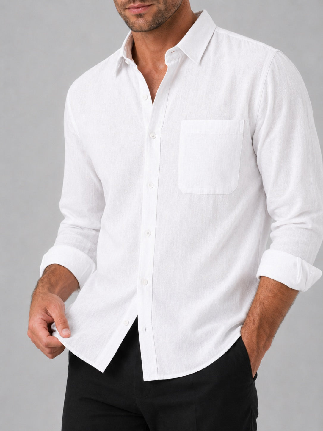 Men’s Button-Down Long Sleeve Shirt Solid Colour Summer Casual Top for Vacation and Everyday Wear