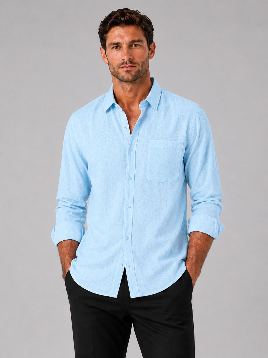 Men’s Button-Down Long Sleeve Shirt Solid Colour Summer Casual Top for Vacation and Everyday Wear