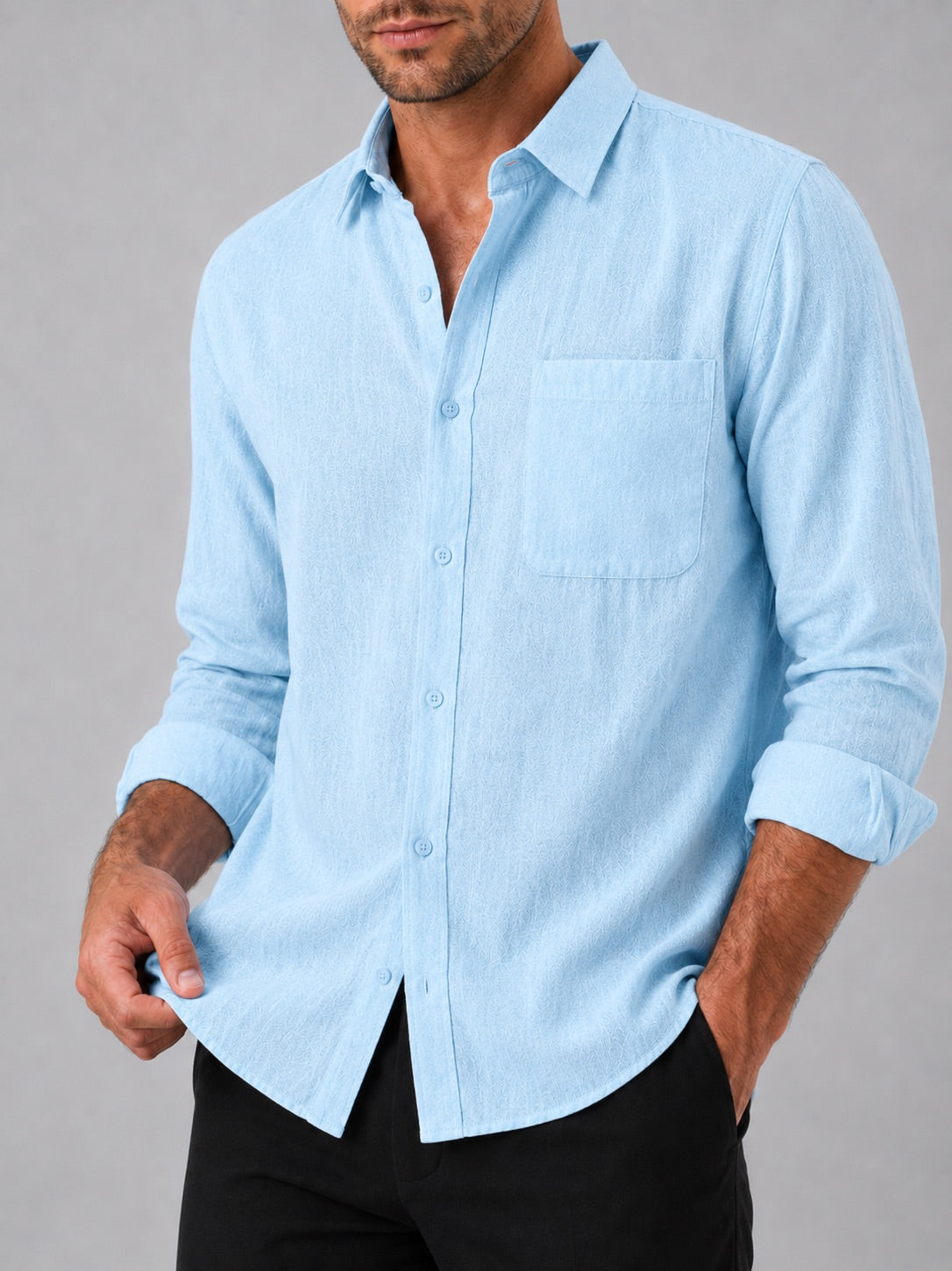 Men’s Button-Down Long Sleeve Shirt Solid Colour Summer Casual Top for Vacation and Everyday Wear