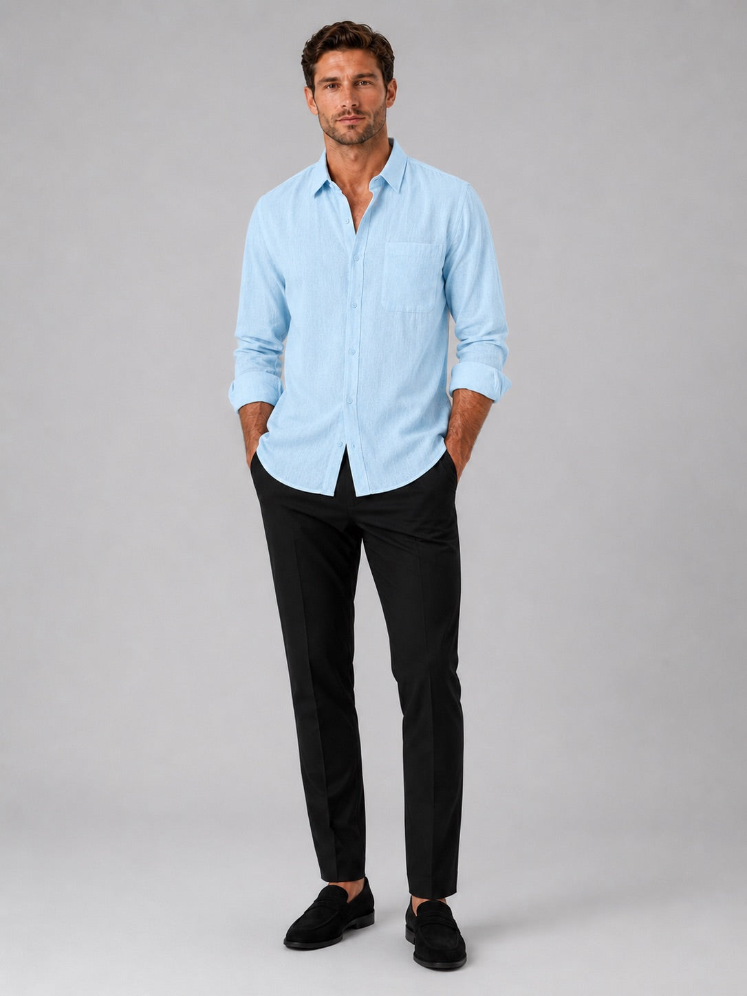 Men’s Button-Down Long Sleeve Shirt Solid Colour Summer Casual Top for Vacation and Everyday Wear
