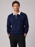 Men’s Rugby Polo Long Sleeve Loose Fit Knit Autumn Casual Rugby Shirt for Everyday and Business Casual Wear