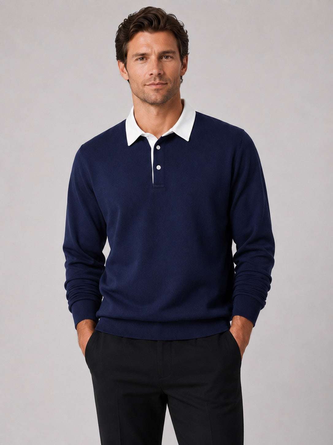 Men’s Rugby Polo Long Sleeve Loose Fit Knit Autumn Casual Rugby Shirt for Everyday and Business Casual Wear