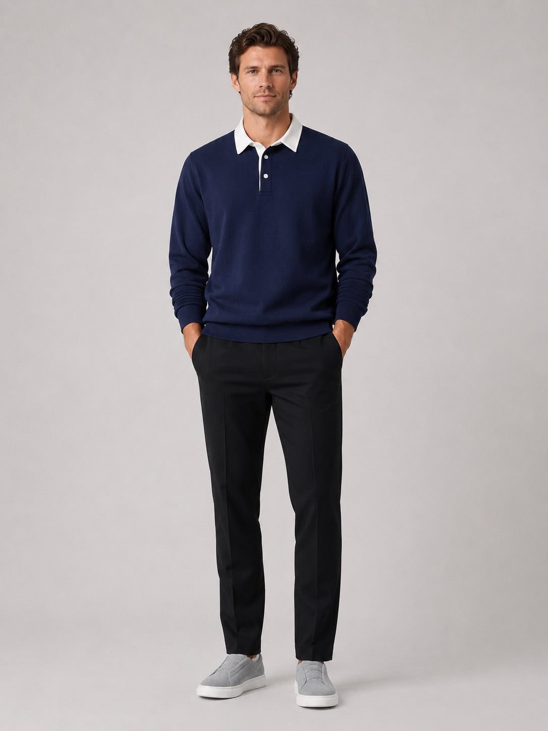 Men’s Rugby Polo Long Sleeve Loose Fit Knit Autumn Casual Rugby Shirt for Everyday and Business Casual Wear