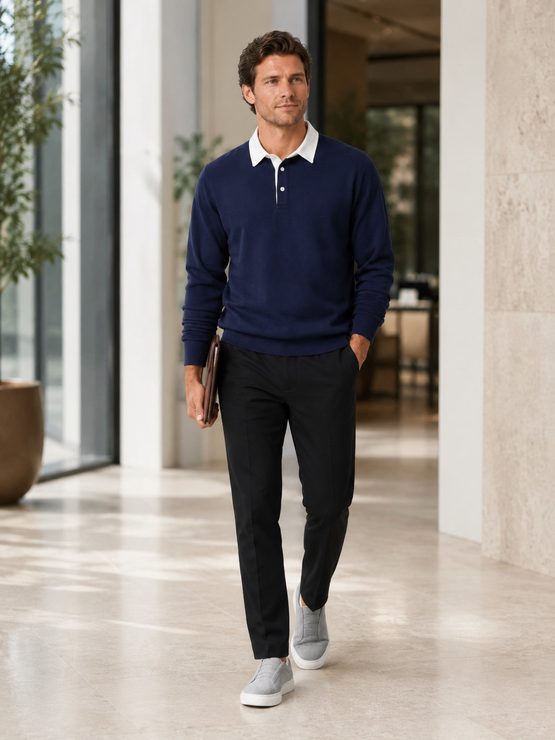 Men’s Rugby Polo Long Sleeve Loose Fit Knit Autumn Casual Rugby Shirt for Everyday and Business Casual Wear