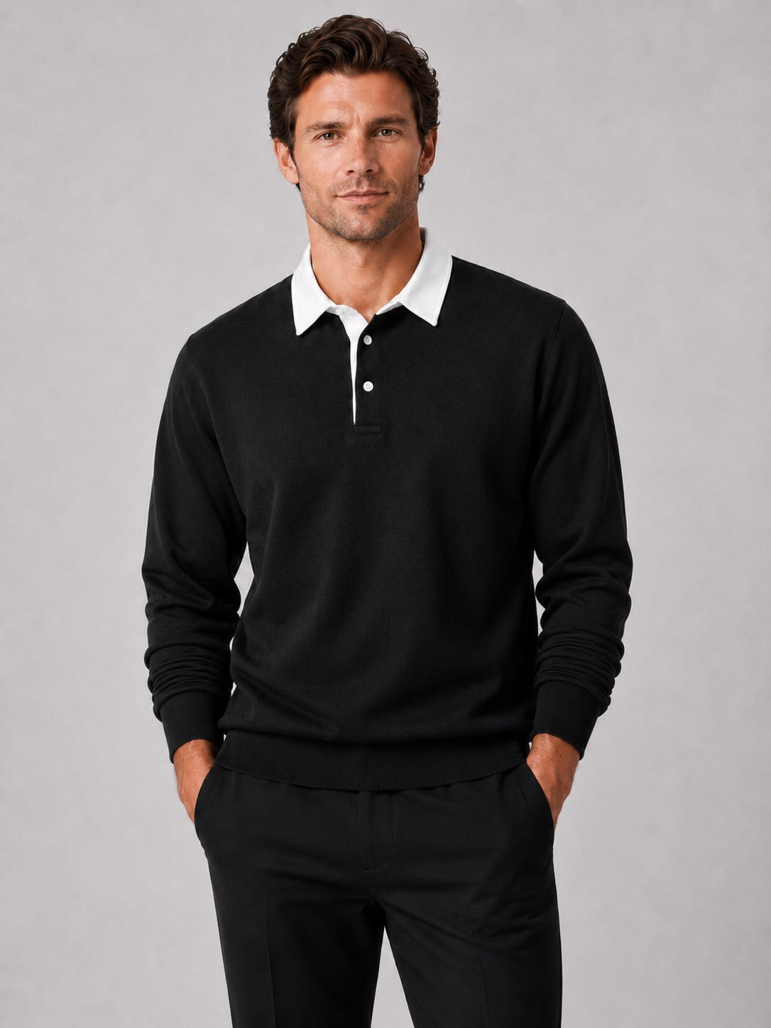 Men’s Rugby Polo Long Sleeve Loose Fit Knit Autumn Casual Rugby Shirt for Everyday and Business Casual Wear