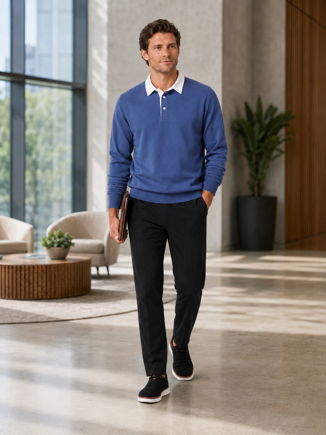 Men’s Rugby Polo Long Sleeve Loose Fit Knit Autumn Casual Rugby Shirt for Everyday and Business Casual Wear