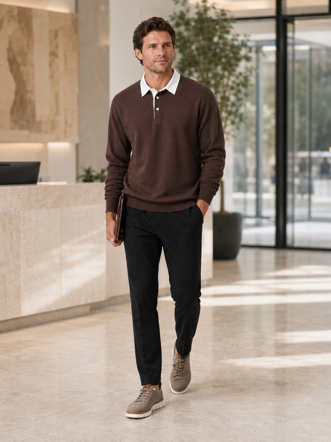 Men’s Rugby Polo Long Sleeve Loose Fit Knit Autumn Casual Rugby Shirt for Everyday and Business Casual Wear