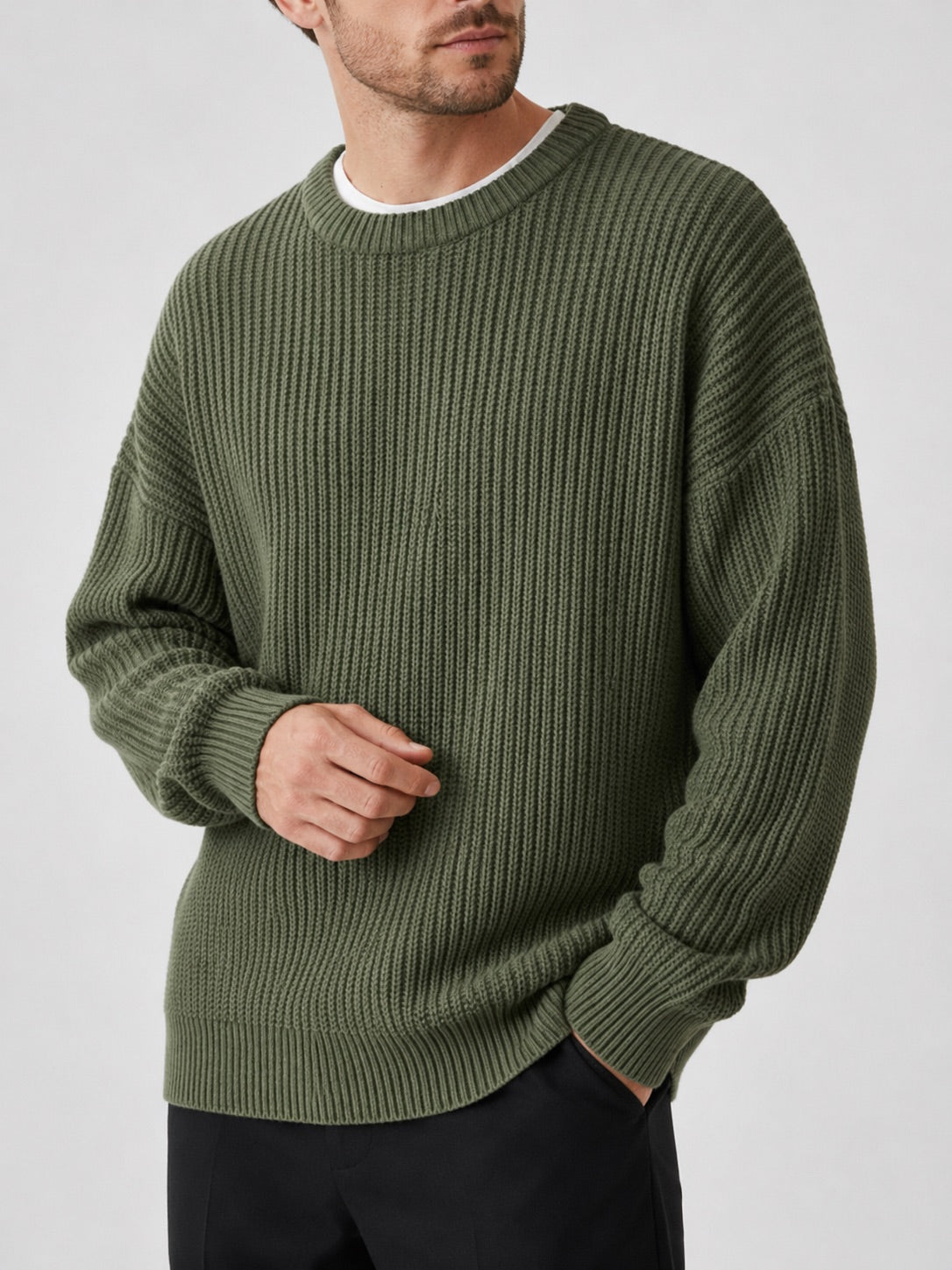 Men’s Crewneck Jumper Loose Fit Solid Colour Autumn Pullover for Business Casual and Everyday Wear